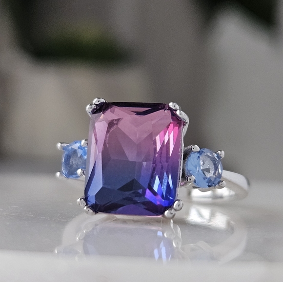 Pink & Purple Emerald Cut Gemstone Ring, 925 Sterling Silver Charmed Aroma - Picture 4 of 7